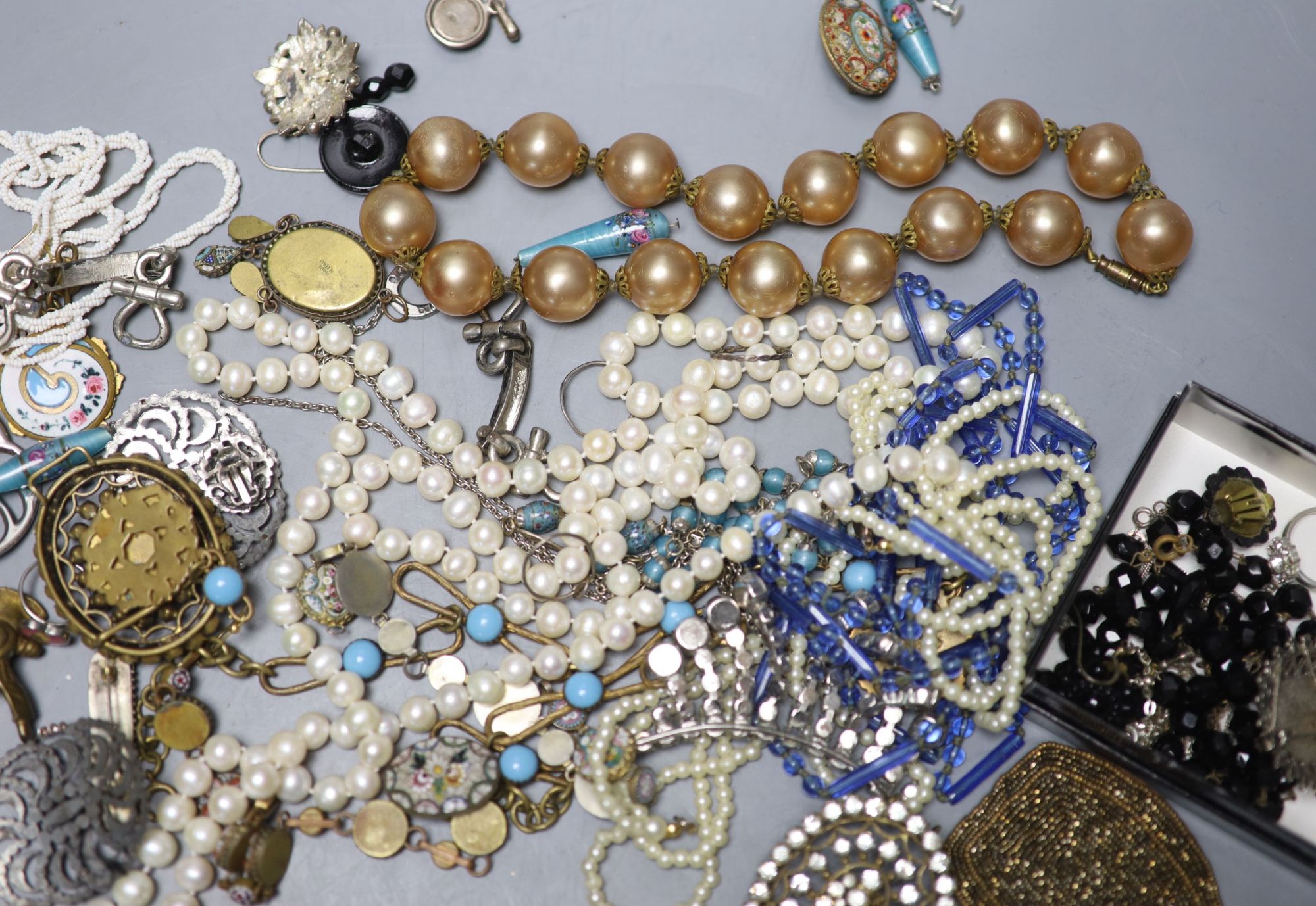 Mixed costume jewellery, including micro mosaic bracelets, paste set buckles, paste set brooch, etc.